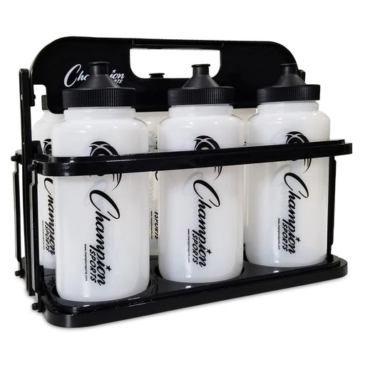 Set of white bottles with black caps in a black carrying case, featuring 'Champion' branding.