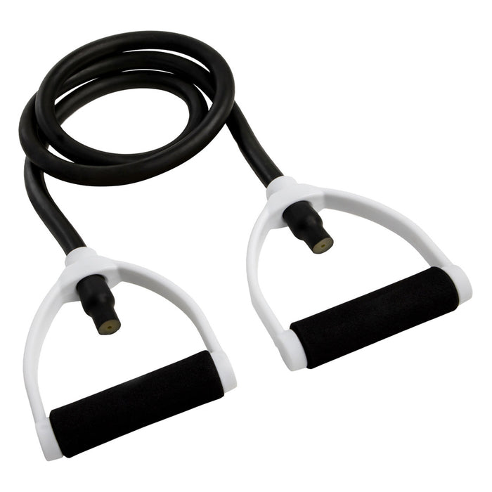 Resistance band with white handles and black cables on a white background
