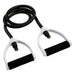 Resistance band with white handles and black cables on a white background